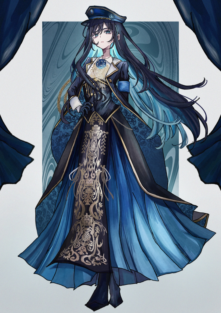 1girl, ado_(utaite), armband, black_hair, black_jacket, blue_flower, blue_gloves, blue_hair