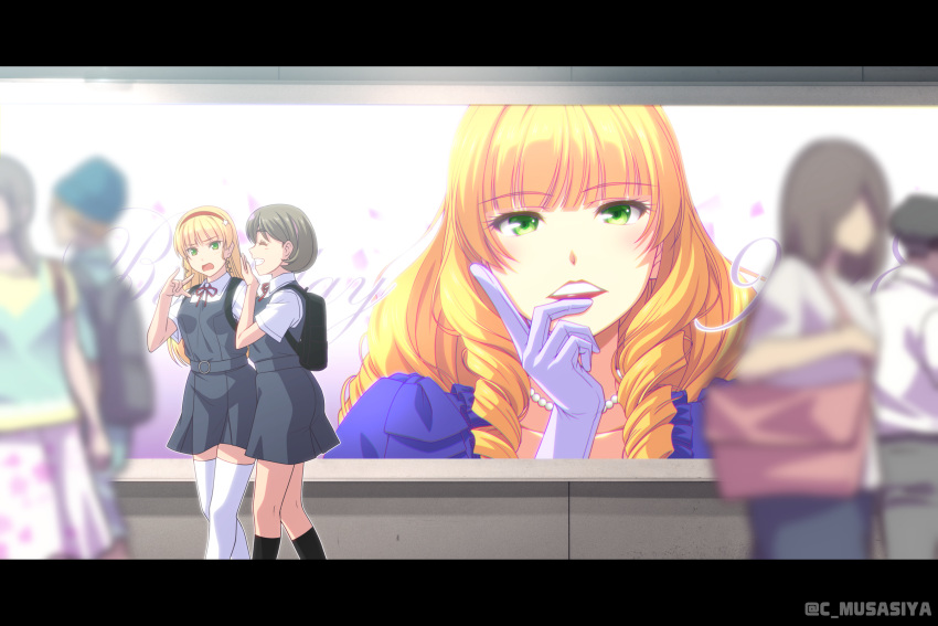 2girls, \m/, ^_^, ad, billboard, black_socks, blonde_hair, closed_eyes