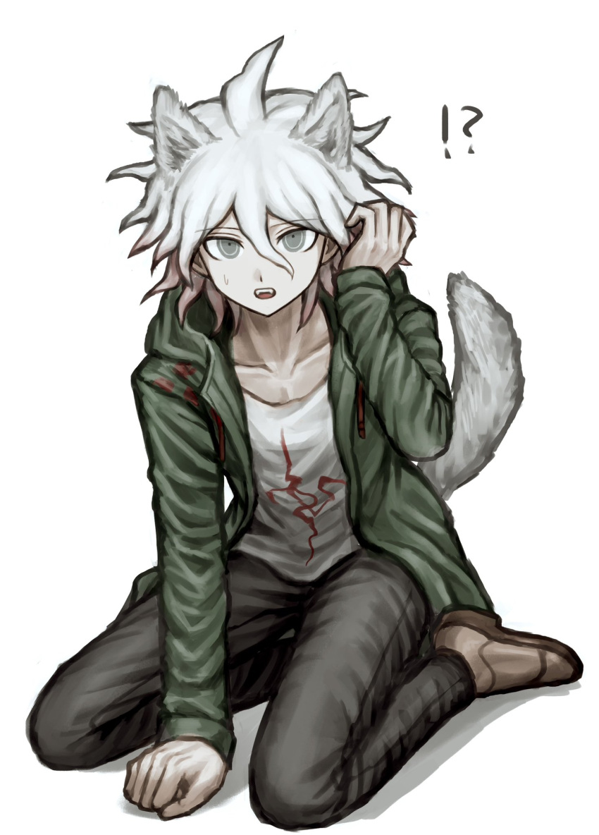 !?, 1boy, :d, animal_ears, black_pants, brown_footwear, collarbone, danganronpa_(series), danganronpa_2:_goodbye_despair, dog_ears, dog_tail, fangs, green_jacket, grey_hair, highres, hood, hood_down, hooded_jacket, ja_ko_(osyy_mo), jacket, komaeda_nagito, messy_hair, open_clothes, open_jacket, pants, print_shirt, shirt, simple_background, sitting, smile, solo, tail, teeth, upper_teeth_only, white_background, white_shirt