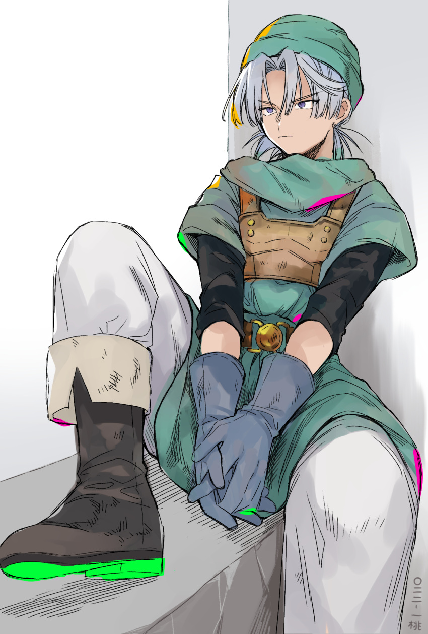 1boy, aqua_hat, aqua_tunic, black_sleeves, blue_gloves, blue_tunic, boots, chest_armor
