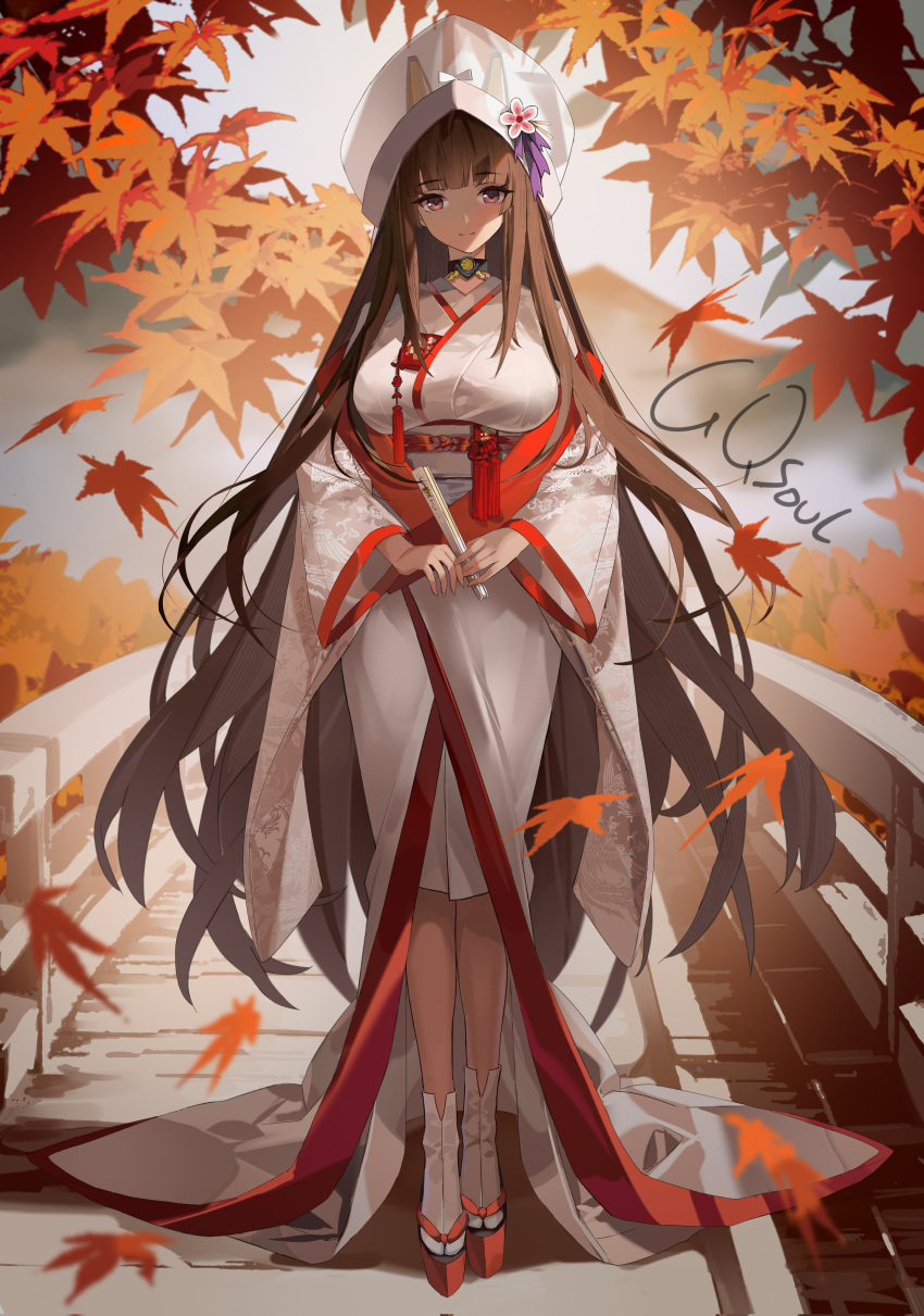 1girl, absurdres, akagi_(warship_girls_r), animal_ears, autumn_leaves, breasts, brown_hair, chichengde_haotidu_afusang