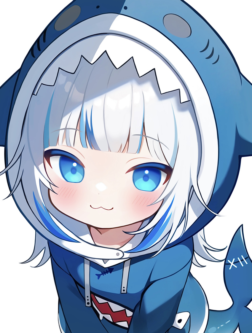 1girl, :3, absurdres, animal_costume, animal_hood, blue_hair, blue_hoodie, blush