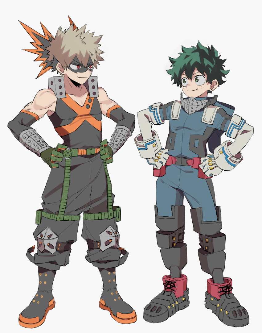 >:), 2boys, absurdres, alternate_hair_color, baggy_pants, bakugou_katsuki, bare_shoulders, belt, belt_pouch, black_footwear, black_mask, black_pants, blue_bodysuit, blue_gloves, bodysuit, boku_no_hero_academia, boots, buckle, closed_mouth, colored_shoe_soles, detached_sleeves, explosive, eye_contact, eye_mask, eyebrows_visible_through_mask, freckles, full_body, gloves, green_eyes, green_gloves, green_hair, grenade, grey_background, grey_hair, hair_between_eyes, hands_on_own_hips, headgear, height_difference, highres, knee_boots, knee_pads, legs_apart, looking_at_another, looking_to_the_side, male_focus, mask, mask_around_neck, midoriya_izuku, mimisu, mouth_mask, multiple_boys, orange_gloves, pants, pouch, red_belt, short_hair, side-by-side, sideways_glance, simple_background, sleeveless, smile, snap-fit_buckle, spiky_hair, standing, symmetrical_pose, tank_top, two-tone_gloves, utility_belt, v-neck, v-shaped_eyebrows, wrist_guards, x