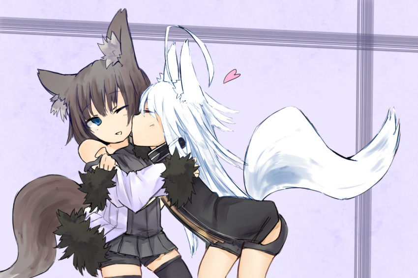animal_ears, black_hair, blue_eyes, collar, foxgirl, kiss, nanako_(shirogane_usagi), nanako_(shiroganeusagi), original, photoshop, shirogane_usagi, shiroganeusagi, short_hair, tail, white_hair