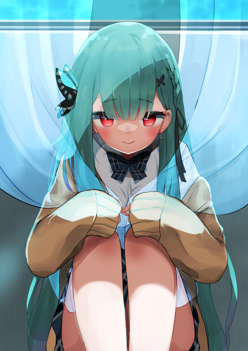 1girl, absurdres, blue_skirt, blush, butterfly_hair_ornament, cardigan, chankuro, green_hair