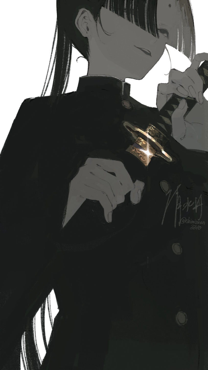 1boy, absurdres, black_hair, black_jacket, blunt_ends, buttons, gakuran, glint