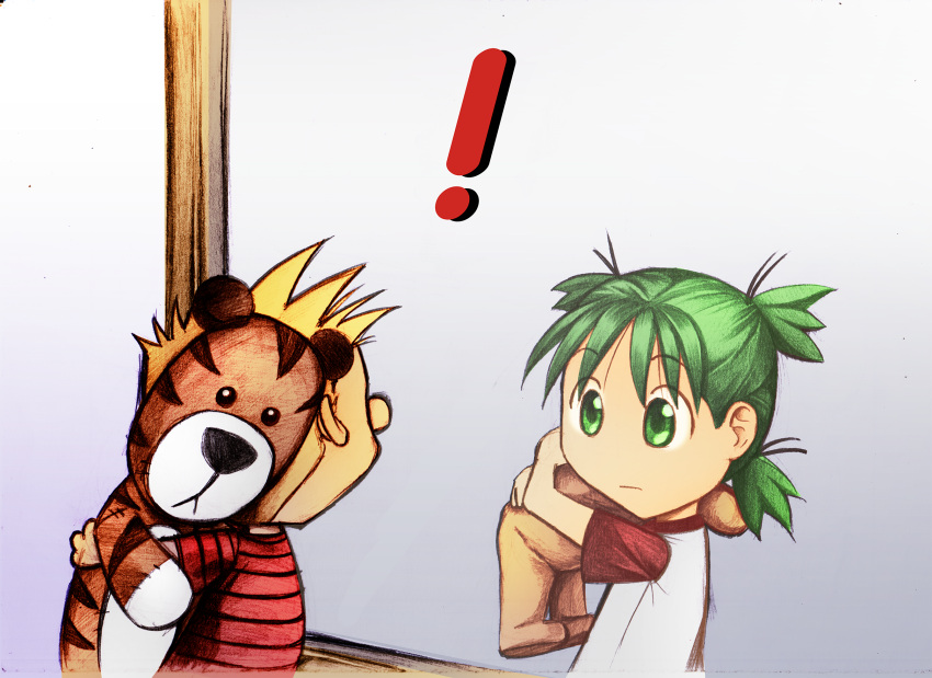!, 1boy, 1girl, blonde_hair, calvin_&amp;_hobbes, calvin_(calvin_&amp;_hobbes), child, crossover, duralumin, green_eyes, green_hair, highres, hobbes_(calvin_&amp;_hobbes), holding, holding_stuffed_toy, koiwai_yotsuba, looking_at_another, melisaongmiqin, quad_tails, red_shirt, shirt, striped_clothes, stuffed_animal, stuffed_tiger, stuffed_toy, teddy_bear, white_shirt, yotsubato!