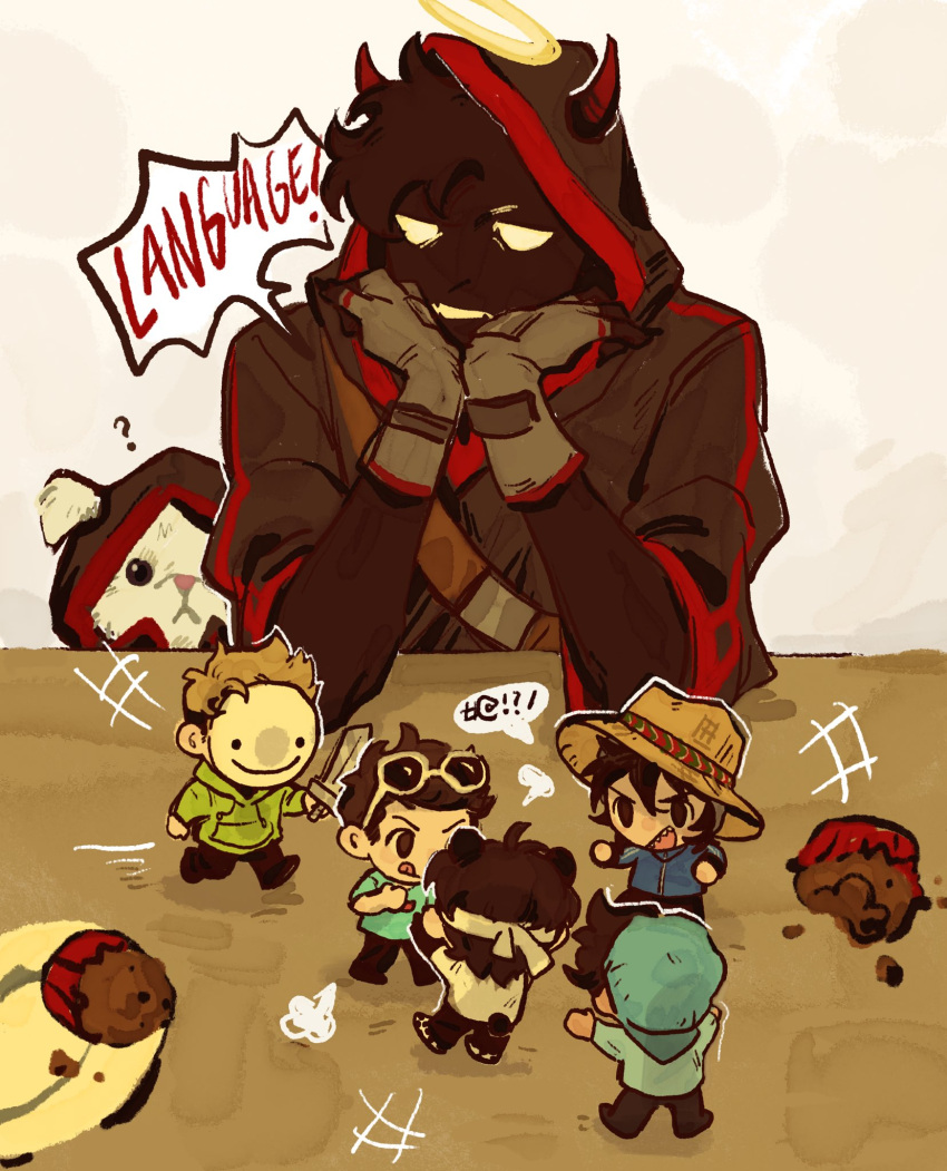 6+boys, animal, animal_ears, badboyhalo, badboyhalo_(cosplay), beanie, black_hair, black_hoodie, black_skin, chibi, chinese_commentary, clothed_animal, colored_skin, commentary_request, cosplay, demon_boy, demon_horns, dog, dream_(youtuber), eyewear_on_head, food, georgenotfound, halo, hat, highres, hood, hood_up, hoodie, horns, kemonomimi_mode, male_focus, maltese, mask, minecraft_youtube, mini_person, miniboy, muffin, multiple_boys, panda_boy, panda_ears, panda_tail, peeco_0, quackity, rat_(badboyhalo), real_life, sapnap, short_hair, skeppy, smiley_face, sombrero, traditional_halo, white_dog