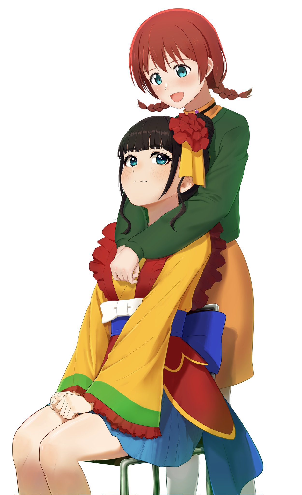 2girls, :3, :d, animification, aqua_eyes, arms_around_neck, black_hair, blue_skirt, blush, braid, brown_hair, brown_skirt, cara_tesoro, cardigan, closed_mouth, commentary_request, daikuro_(adddaik), emma_verde, freckles, frilled_kimono, frilled_sleeves, frills, green_cardigan, hands_on_lap, highres, japanese_clothes, kimono, long_hair, long_sleeves, love_live!, love_live!_nijigasaki_high_school_idol_club, love_live!_nijigasaki_high_school_idol_club_kanketsu-hen, low_twin_braids, mole, mole_under_mouth, multiple_girls, open_mouth, real_life, sashide_maria, sidelocks, simple_background, sitting, skirt, smile, split_mouth, standing, twin_braids, voice_actor, voice_actor_connection, white_background, wide_sleeves, yellow_kimono