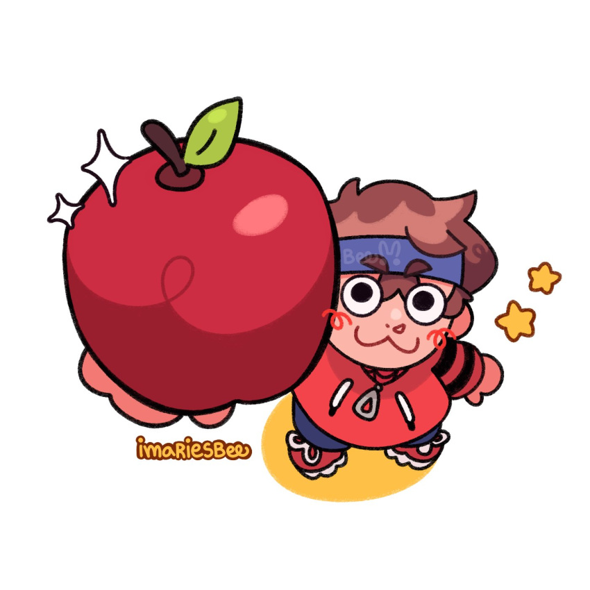 1boy, :3, apple, blue_headband, blue_pants, blush, brown_hair, commentary, deformed, denim, derivative_work, english_commentary, food, fruit, headband, highres, holding, holding_food, hood, hoodie, imariesbee, incoming_food, jeans, looking_at_viewer, male_focus, meme, minecraft_youtube, pants, parody, quackity_smp, red_footwear, red_hoodie, roier_(youtuber), shoes, short_hair, simple_background, sneakers, solo, spongebob_showing_an_apple_(meme), standing, white_background