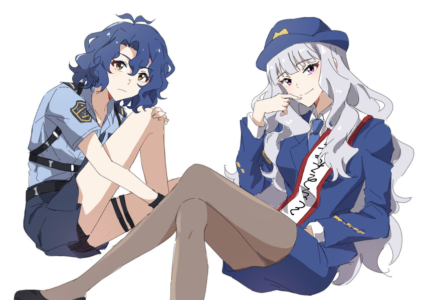 2girls, antenna_hair, black_gloves, blue_hair, blue_jacket, blue_necktie, blue_shirt, blue_skirt