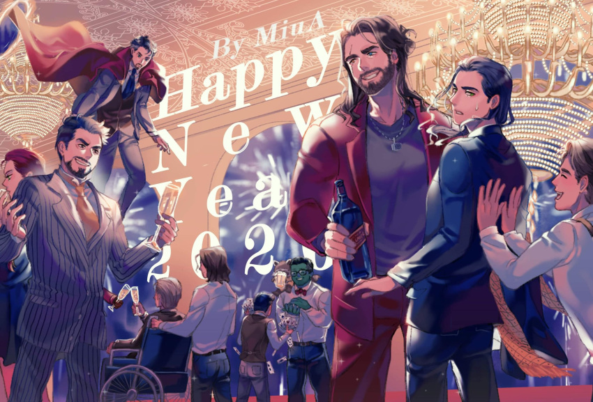 1girl, 2020, 6+boys, akira_yoru, alcohol, animal_ears, back, beard