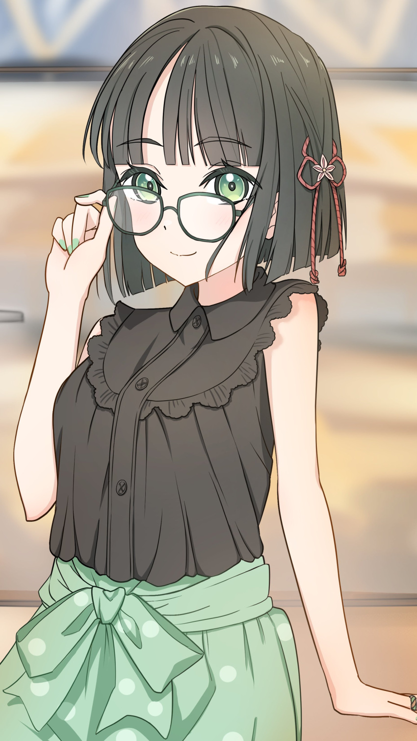 1girl, absurdres, black_hair, black_shirt, blunt_bangs, blunt_ends, blurry, blurry_background
