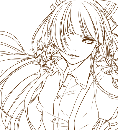 fujiwara_no_mokou, hair_over_one_eye, jukka, lineart, lowres, monochrome, solo, touhou