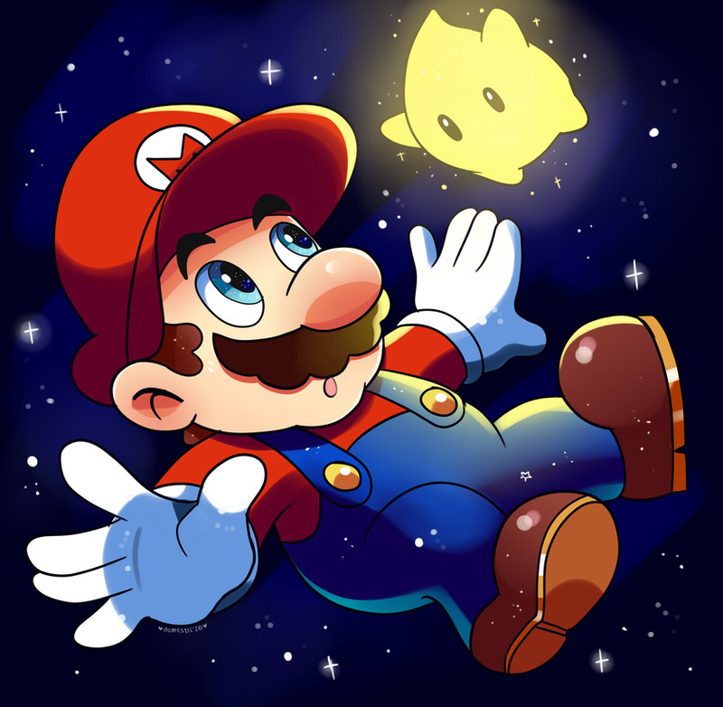 artist_name, blue_overalls, brown_footwear, brown_hair, domestic_maid, facial_hair, gloves, luma_(mario)