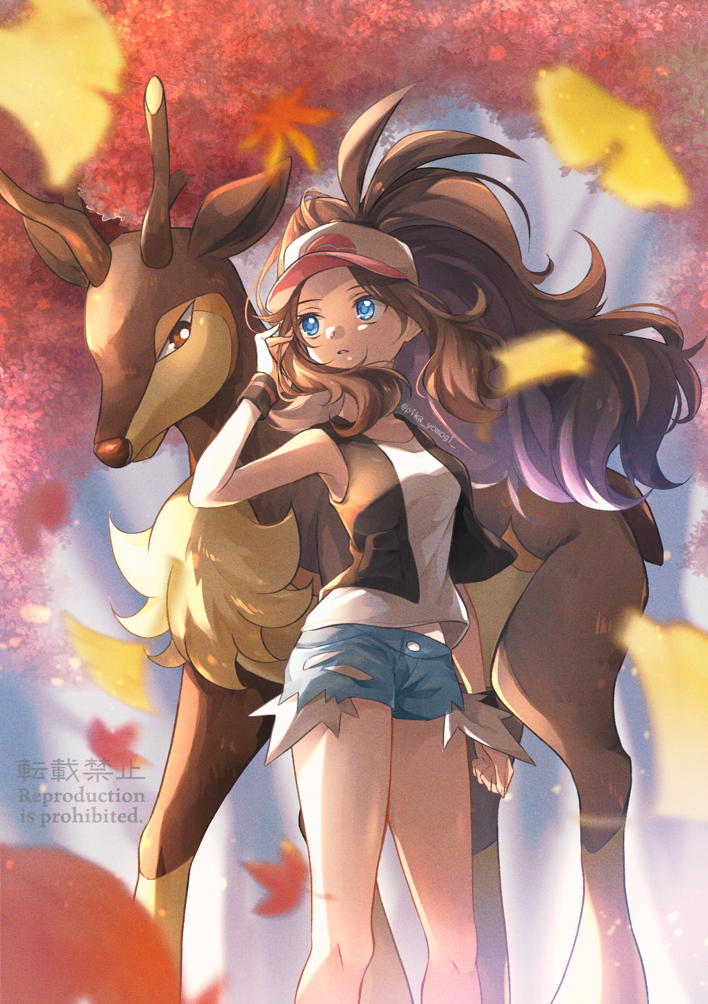 baseball_cap, black_vest, blue_eyes, blue_shorts, brown-haired_cat_girl_(kevbot), exposed_pocket, hat, highres