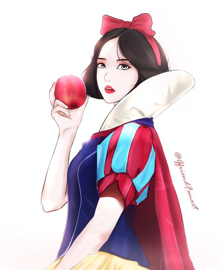 1girl, apple, bow, brown_hair, cape, commentary, cosplay, eunha_(gfriend)