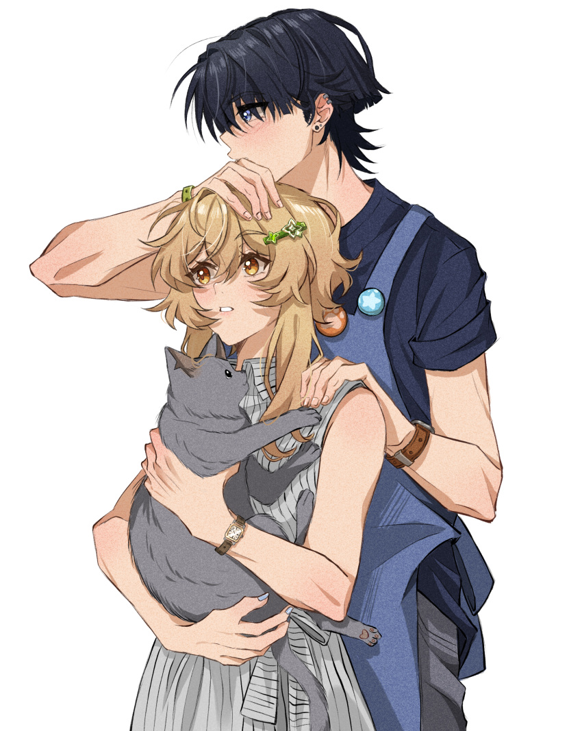 1boy, 1girl, absurdres, alternate_costume, animal, apron, black_hair, black_shirt