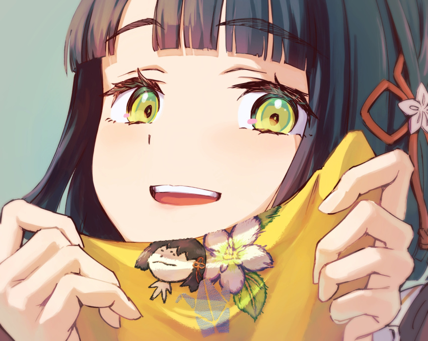 1girl, :d, black_hair, blunt_bangs, blunt_ends, brown_dress, character_logo, child's_drawing
