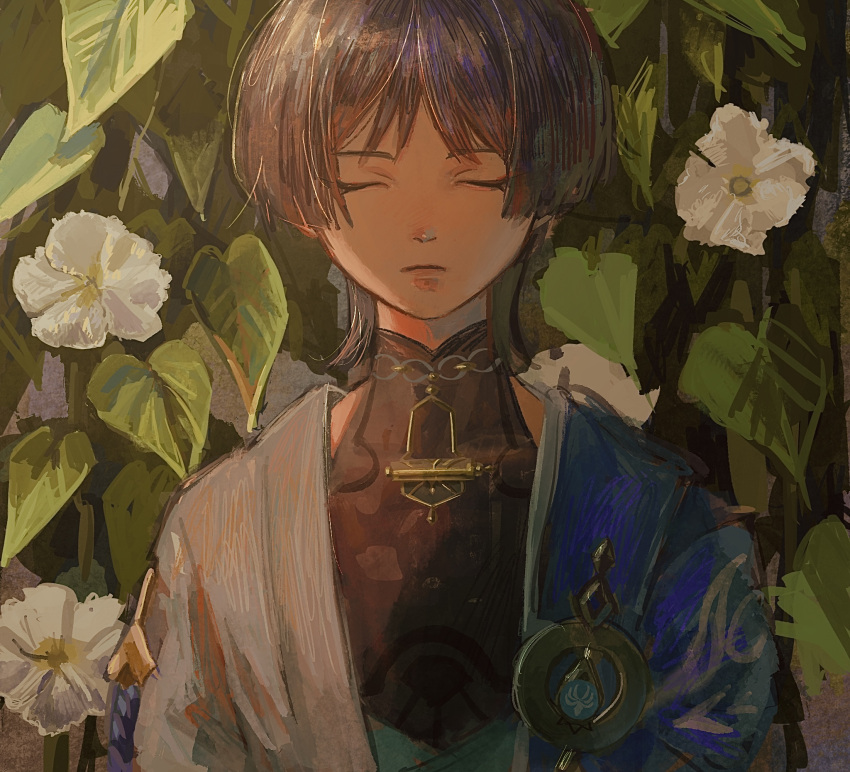 1boy, anemo_symbol_(genshin_impact), aqua_gemstone, aqua_kimono, black_bodysuit, black_hair, blue_cape, blunt_ends