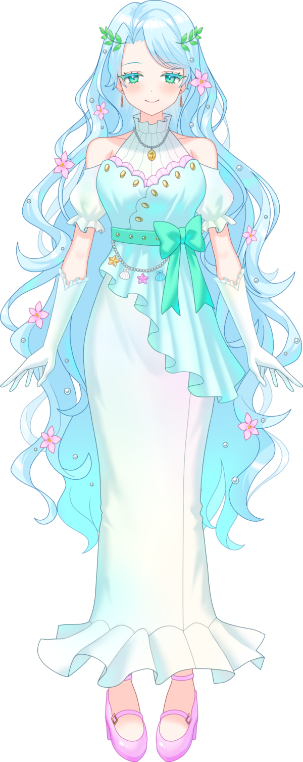 1girl, adria_anthelia, blue_hair, bond_en, bondlive, bow, closed_mouth, colored_eyelashes, detached_sleeves, dress, full_body, gloves, green_bow, green_eyes, highres, jewelry, long_hair, looking_at_viewer, necklace, official_art, pink_footwear, sleeveless, sleeveless_dress, smile, solo, standing, tachi-e, transparent_background, very_long_hair, virtual_youtuber, white_gloves