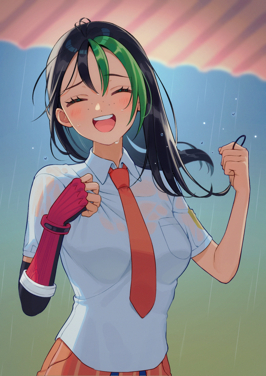 :d, alternate_hairstyle, black_hair, breasts, closed_eyes, facing_viewer, freckles, furukawa_raku