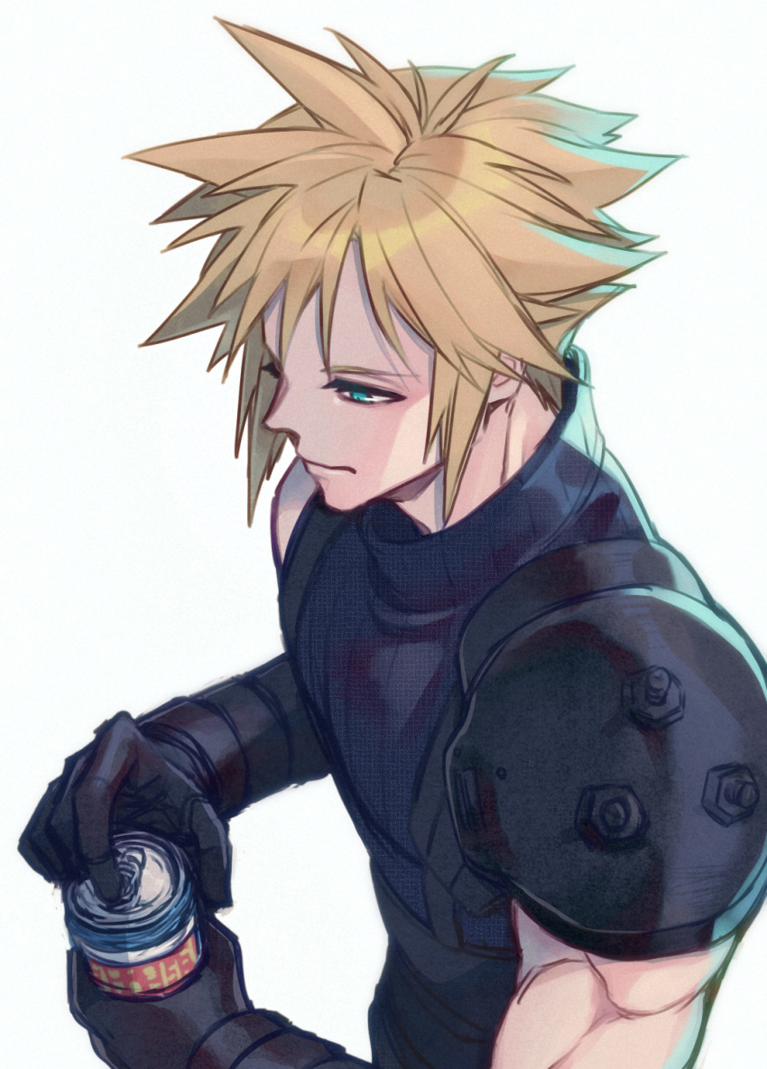 1boy, armor, black_gloves, blonde_hair, blue_eyes, can, closed_mouth, cloud_strife, commentary, drink_can, final_fantasy, final_fantasy_vii, gloves, hair_intakes, highres, holding, holding_can, looking_at_object, male_focus, matsu_zatsu, opening_can, pauldrons, short_hair, shoulder_armor, simple_background, single_bare_shoulder, single_pauldron, sleeveless, sleeveless_turtleneck, soda_can, solo, spiky_hair, turtleneck, upper_body, white_background