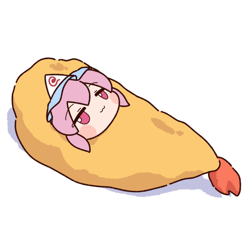 1girl, :3, blush_stickers, deformed, food, food_costume, hat, highres, jitome, lying, mob_cap, on_back, pink_eyes, pink_hair, saigyouji_yuyuko, shrimp_costume, simple_background, smile, solo, touhou, triangular_headpiece, white_background, y75zei