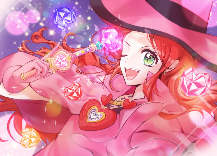 1girl, cape, chocolat_meilleure, commentary_request, earrings, gloves, green_eyes, hat