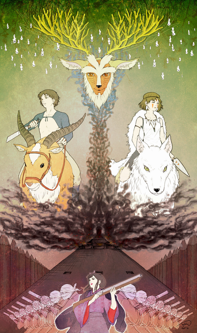 1boy, 2girls, antlers, armlet, ashitaka, black_hair, blue_kimono, brown_hair