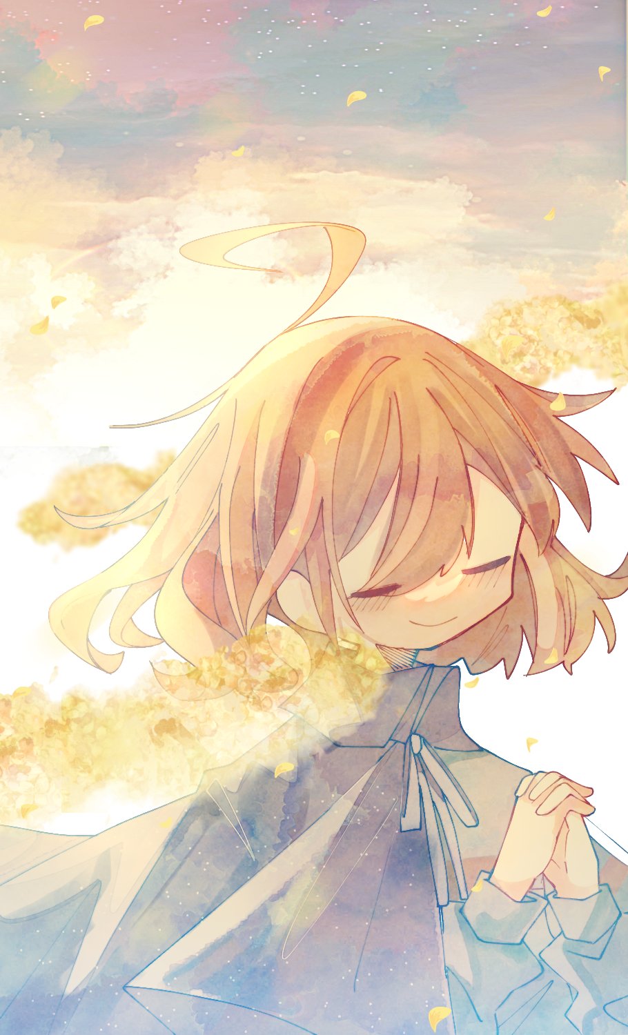 1other, androgynous, blue_cloak, blue_shirt, brown_hair, cloak, closed_eyes, closed_mouth