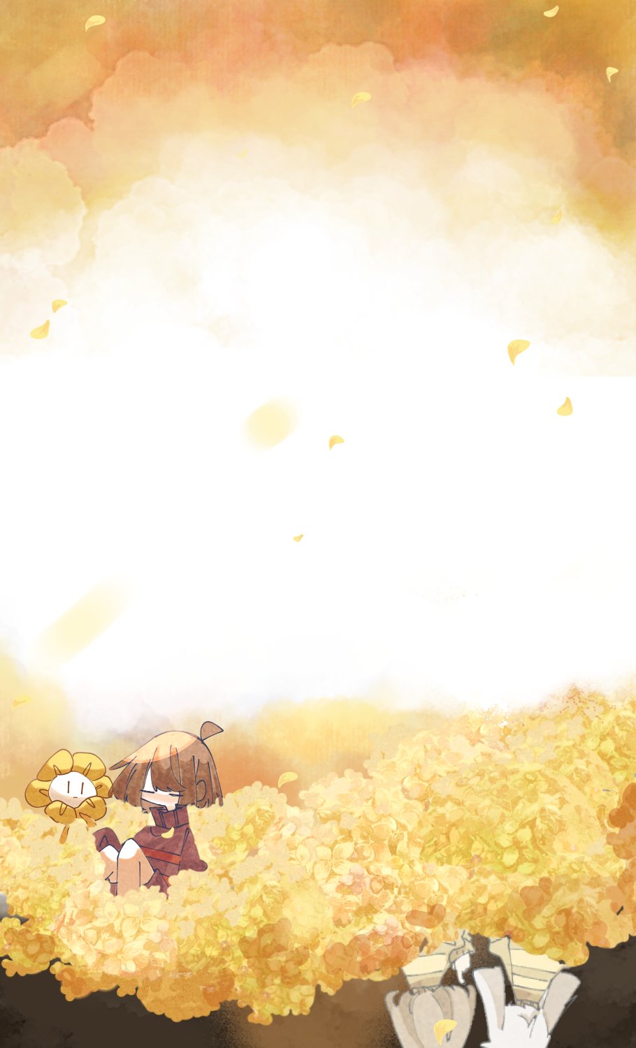 1boy, 1other, asriel_dreemurr, brown_hair, chara_(undertale), closed_eyes, flower, flowey_(undertale), frisk_(undertale), highres, matu_(t_iyou8), petals, shirt, sitting, striped_clothes, striped_shirt, undertale, yellow_flower, yellow_theme