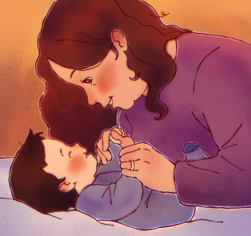 1boy, 1girl, aged_down, baby, black_hair, brown_eyes, brown_hair, clark_kent, closed_eyes, d-e-r-i, dc_comics, highres, holding_hands, jewelry, lying, martha_kent, mother_and_son, my_adventures_with_superman, on_back, onesie, purple_shirt, ring, shirt, smile, superman_(series)