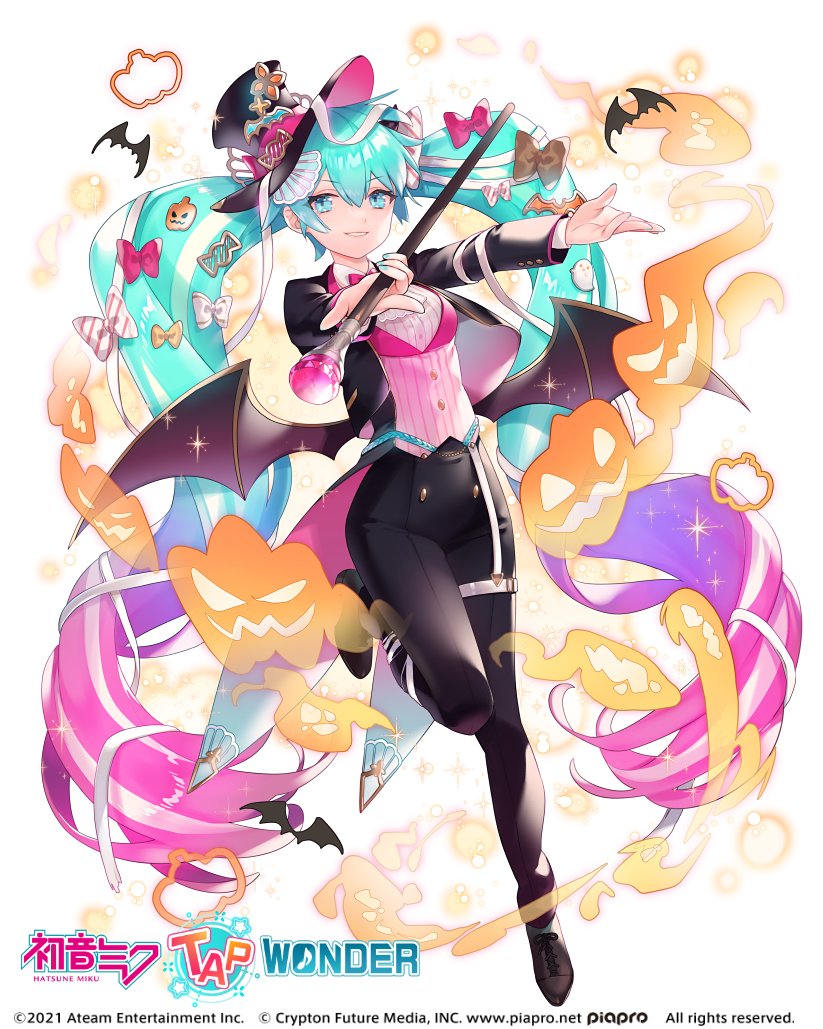 1girl, aqua_eyes, aqua_hair, bat_(animal), black_footwear, black_hat, black_jacket, black_pants, bow, brown_bow, candy_hair_ornament, copyright_name, food-themed_hair_ornament, full_body, gradient_hair, grin, hair_between_eyes, hair_bow, hair_ornament, hat, hat_ornament, hatsune_miku, hatsune_miku_-tap_wonder-, holding, holding_wand, jacket, leg_up, logo, long_hair, multicolored_hair, official_art, open_clothes, open_jacket, pants, pink_bow, pink_hair, pumpkin_hair_ornament, saku_nosuke, shirt, simple_background, smile, solo, striped_bow, teeth, top_hat, twintails, very_long_hair, vocaloid, wand, white_background, white_bow, white_shirt