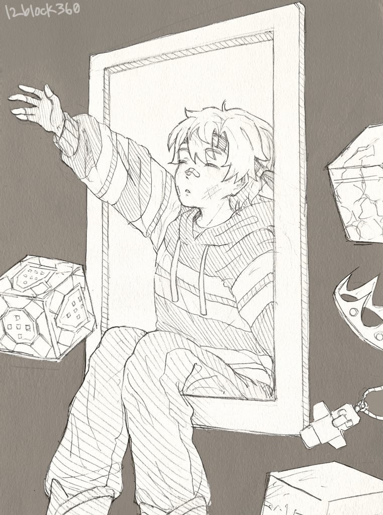 1000-nen_ikiteru_(vocaloid), 12360, 1boy, arm_up, bandaid, bandaid_on_face, bandaid_on_nose, block_(minecraft)