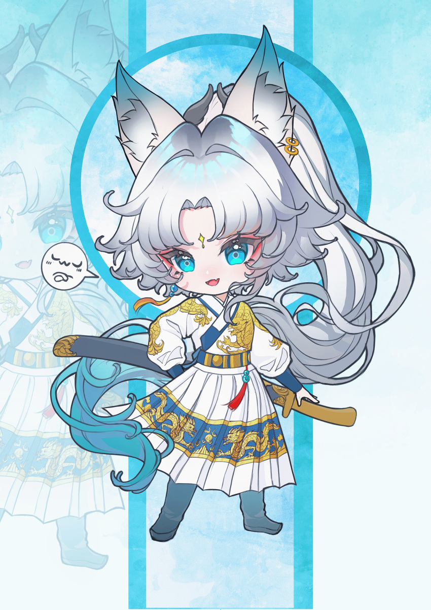 1girl, absurdres, animal_ear_fluff, animal_ear_piercing, animal_ears, blue_eyes, blue_hair, chibi