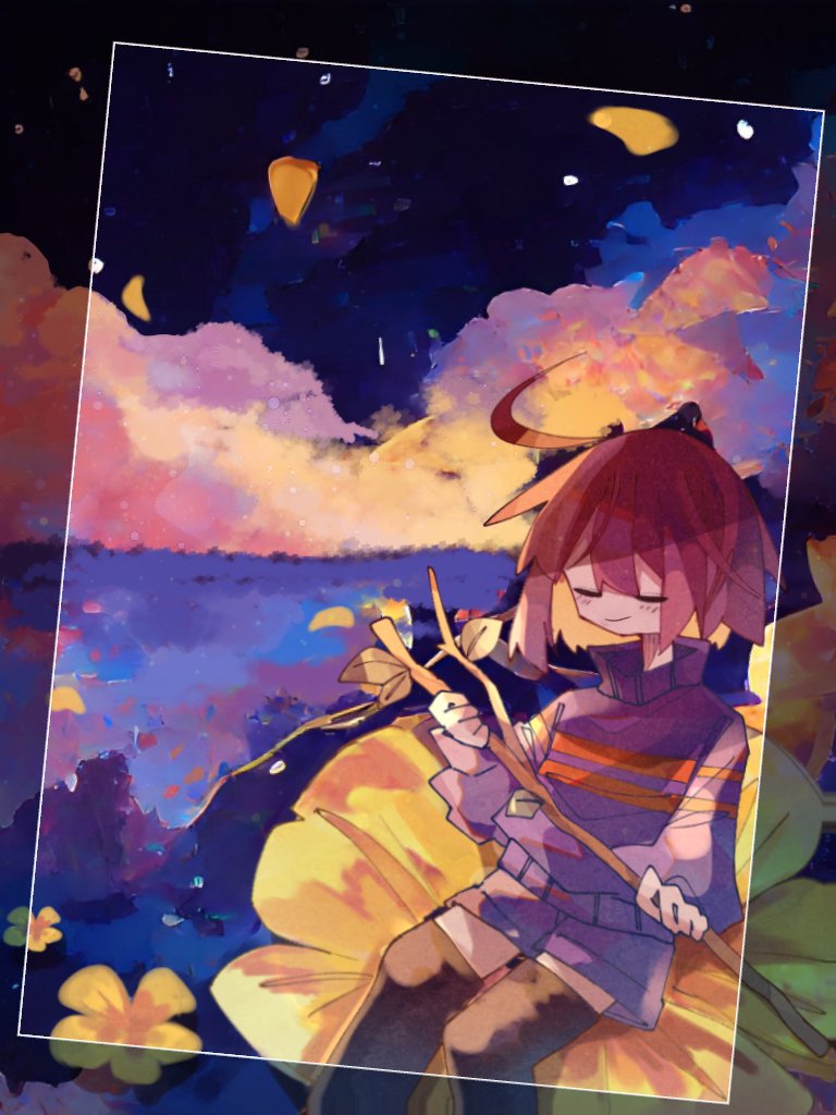 1other, androgynous, blue_shorts, branch, brown_hair, closed_eyes, clouds, cloudy_sky, flower, frisk_(undertale), holding, holding_branch, matu_(t_iyou8), ocean, petals, short_hair, shorts, sitting, sky, smile, solo, striped_clothes, striped_sweater, sweater, thigh-highs, undertale, water, yellow_flower, yellow_petals