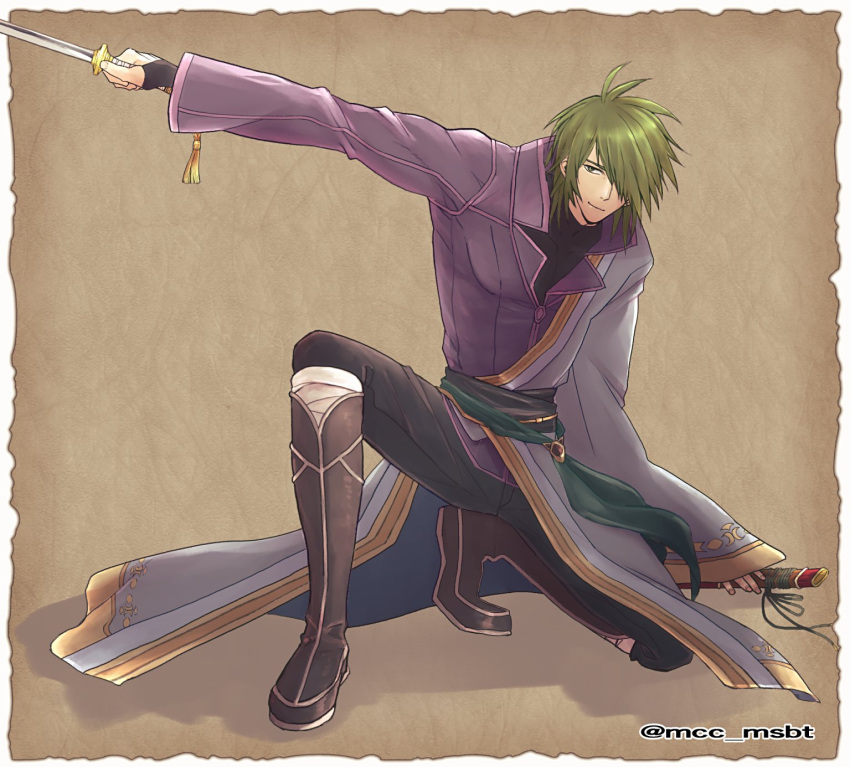 1boy, artist_name, black_pants, boots, border, brown_background, brown_footwear, closed_mouth