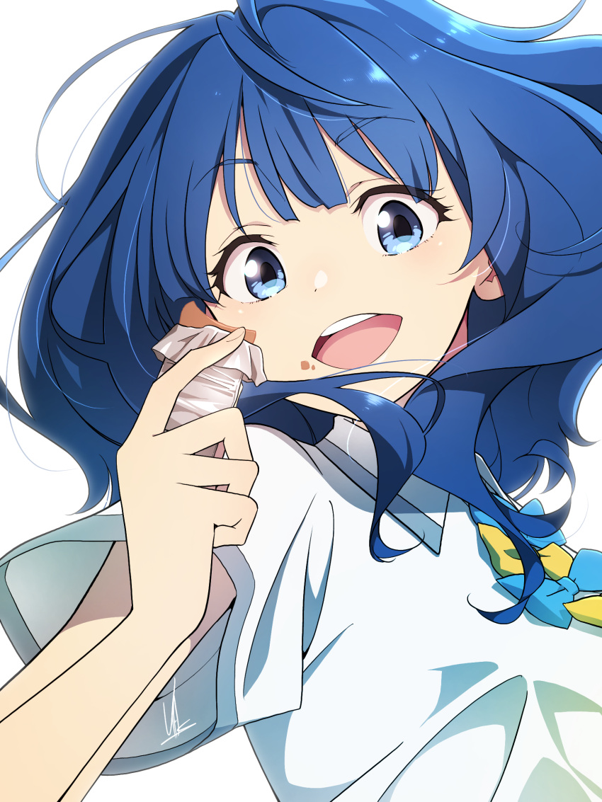 1girl, blue_eyes, blue_hair, collared_shirt, dress_shirt, food, highres, looking_at_viewer
