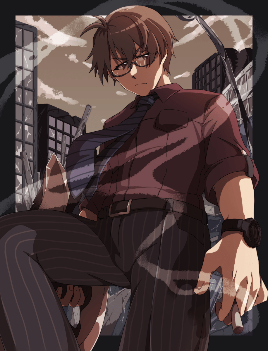 1boy, belt, black_border, black_pants, blue_necktie, border, brown_hair, cigarette, collared_shirt, commentary_request, frown, glasses, highres, holding, holding_cigarette, male_focus, necktie, outside_border, pants, red_shirt, saeki_gorou, shirt, short_hair, smoke, solo, tokyo_xanadu, v-shaped_eyebrows, yamasaga_e