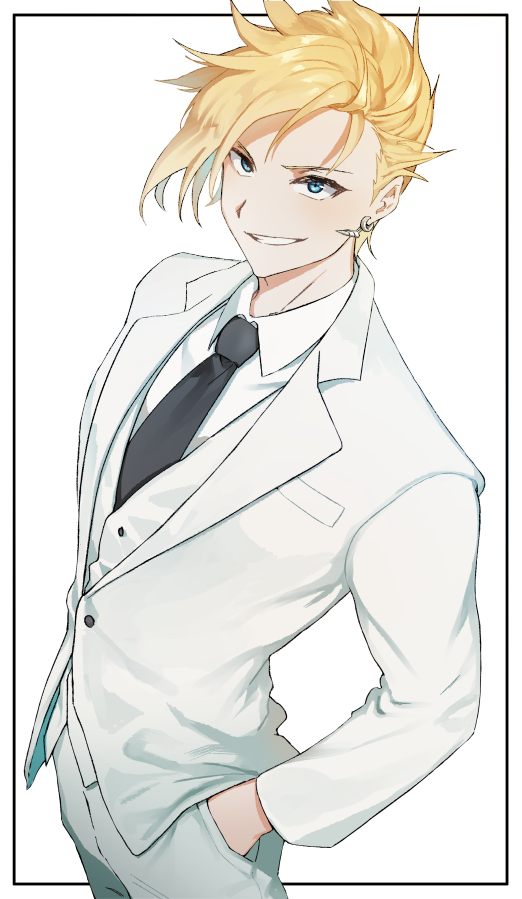1boy, alternate_costume, black_necktie, blonde_hair, blue_eyes, collared_shirt, commentary_request, hand_in_pocket