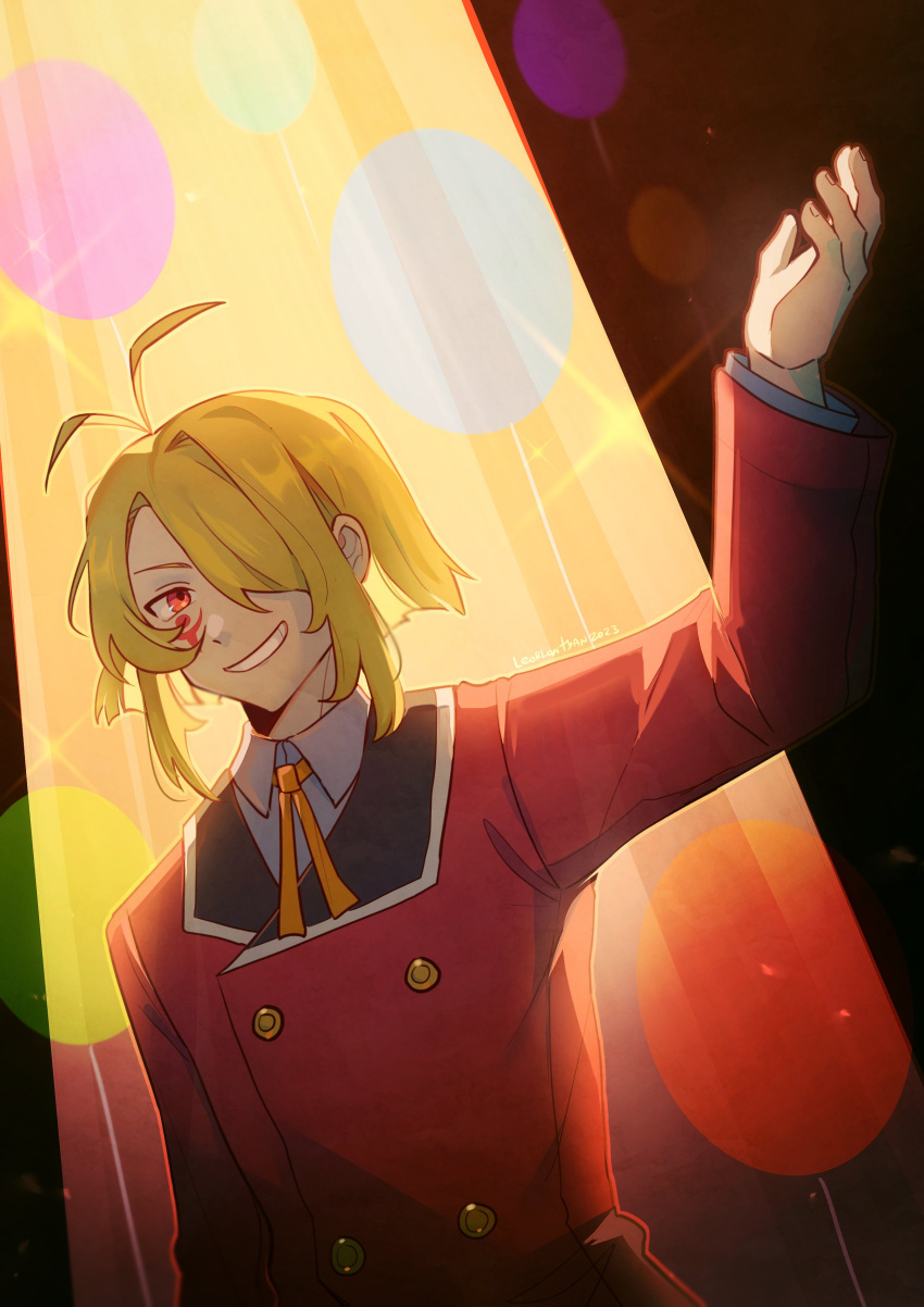 1boy, absurdres, antenna_hair, arm_up, campanella_(eiyuu_densetsu), commentary, eiyuu_densetsu, facial_mark