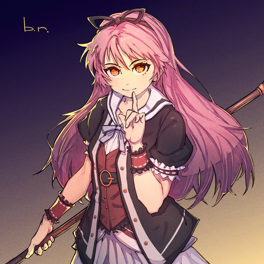 1girl, black_ribbon, black_shirt, closed_mouth, eiyuu_densetsu, eyelashes, frilled_wrist_cuffs, frills