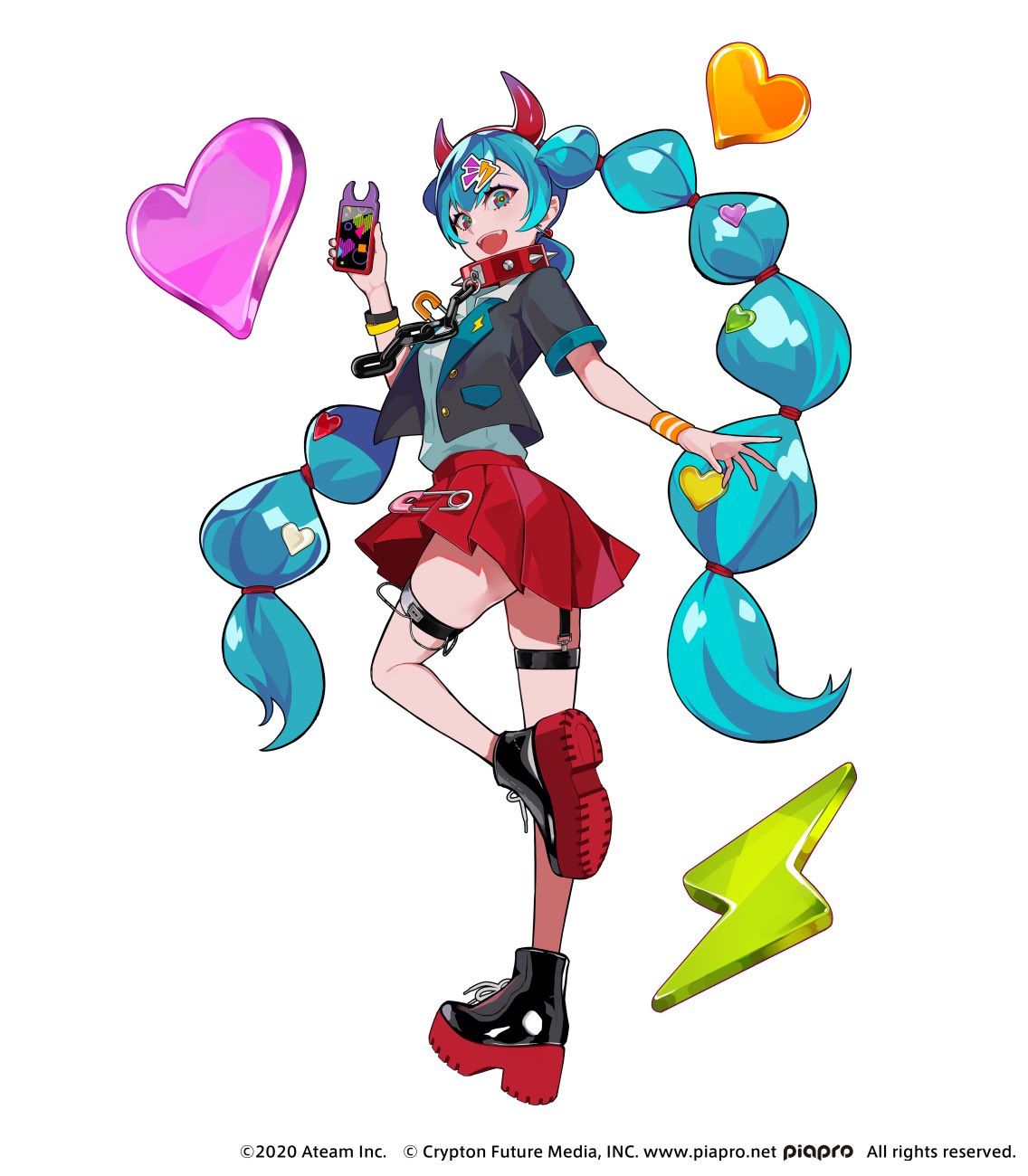 1girl, :d, aqua_eyes, aqua_hair, black_footwear, black_jacket, choker, copyright_name, fake_horns, fangs, full_body, hair_between_eyes, hair_ornament, hatsune_miku, hatsune_miku_-tap_wonder-, heart, heart_hair_ornament, highres, holding, holding_phone, horns, jacket, lam_(ramdayo), leg_up, official_art, open_clothes, open_jacket, open_mouth, phone, pleated_skirt, red_choker, red_skirt, shirt, simple_background, skirt, smile, solo, spiked_choker, spikes, twin_braids, twintails, vocaloid, white_background, white_shirt
