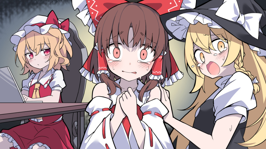 3girls, ascot, blonde_hair, bow, braid, brown_hair, computer, crying, detached_sleeves, e.o., flandre_scarlet, frilled_bow, frilled_hair_tubes, frills, hair_bow, hair_tubes, hakurei_reimu, hand_on_another's_shoulder, hat, hat_bow, hat_ribbon, highres, horrified, kirisame_marisa, laptop, long_hair, mob_cap, multiple_girls, nervous_sweating, open_mouth, own_hands_together, puffy_short_sleeves, puffy_sleeves, red_bow, red_eyes, red_skirt, red_vest, ribbon, ribbon-trimmed_sleeves, ribbon_trim, scared, short_sleeves, side_braid, single_braid, skirt, skirt_set, sweat, tearing_up, touhou, trembling, vest, white_bow, white_hat, wide-eyed, witch_hat, yellow_ascot, yellow_eyes