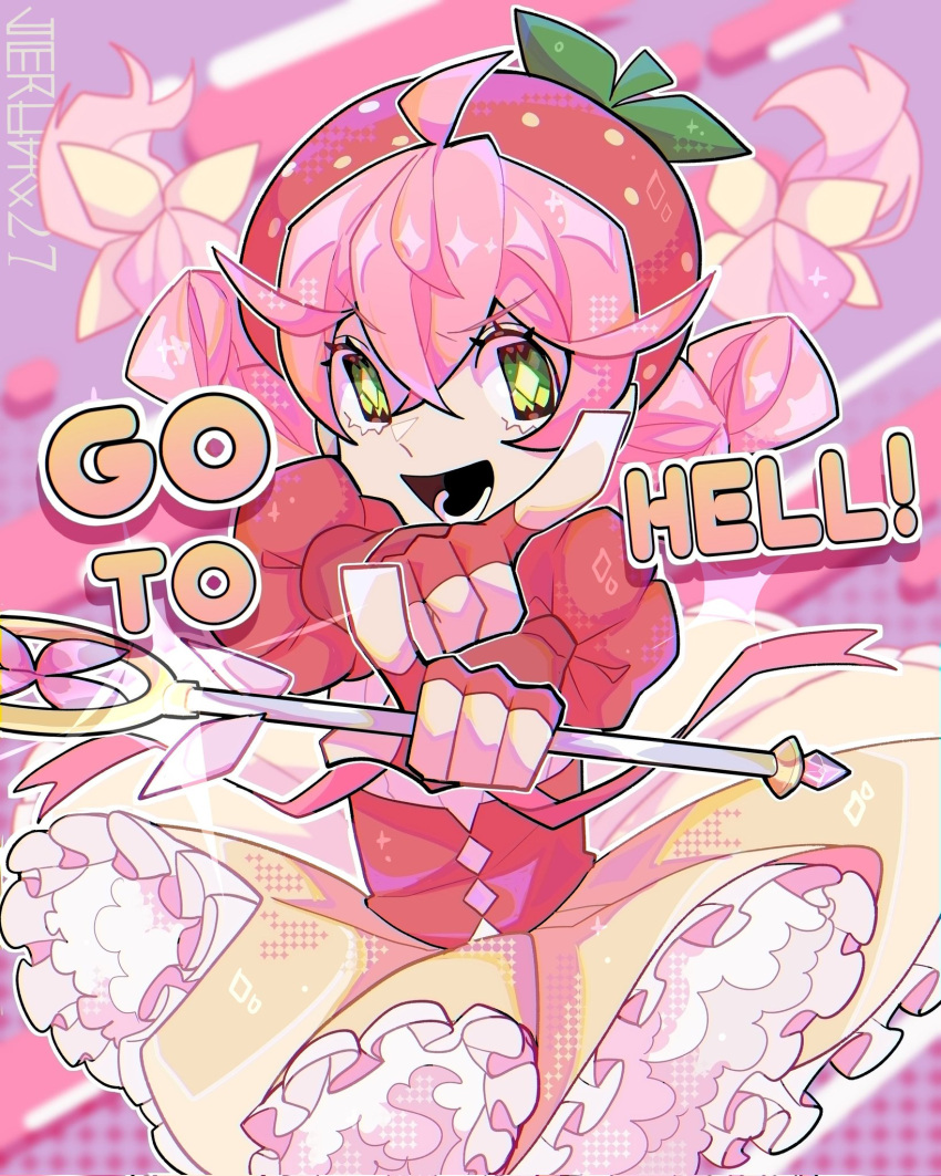 1girl, :d, acro_trip, ahoge, artist_name, berry_blossom, braid, crossed_bangs, english_text, fingerless_gloves, gloves, green_eyes, hair_between_eyes, highres, holding, holding_wand, jerung27, lower_teeth_only, magical_girl, open_mouth, petticoat, pink_hair, red_gloves, smile, strawberry_hat, tagme, teeth, twin_braids, v-shaped_eyebrows, wand