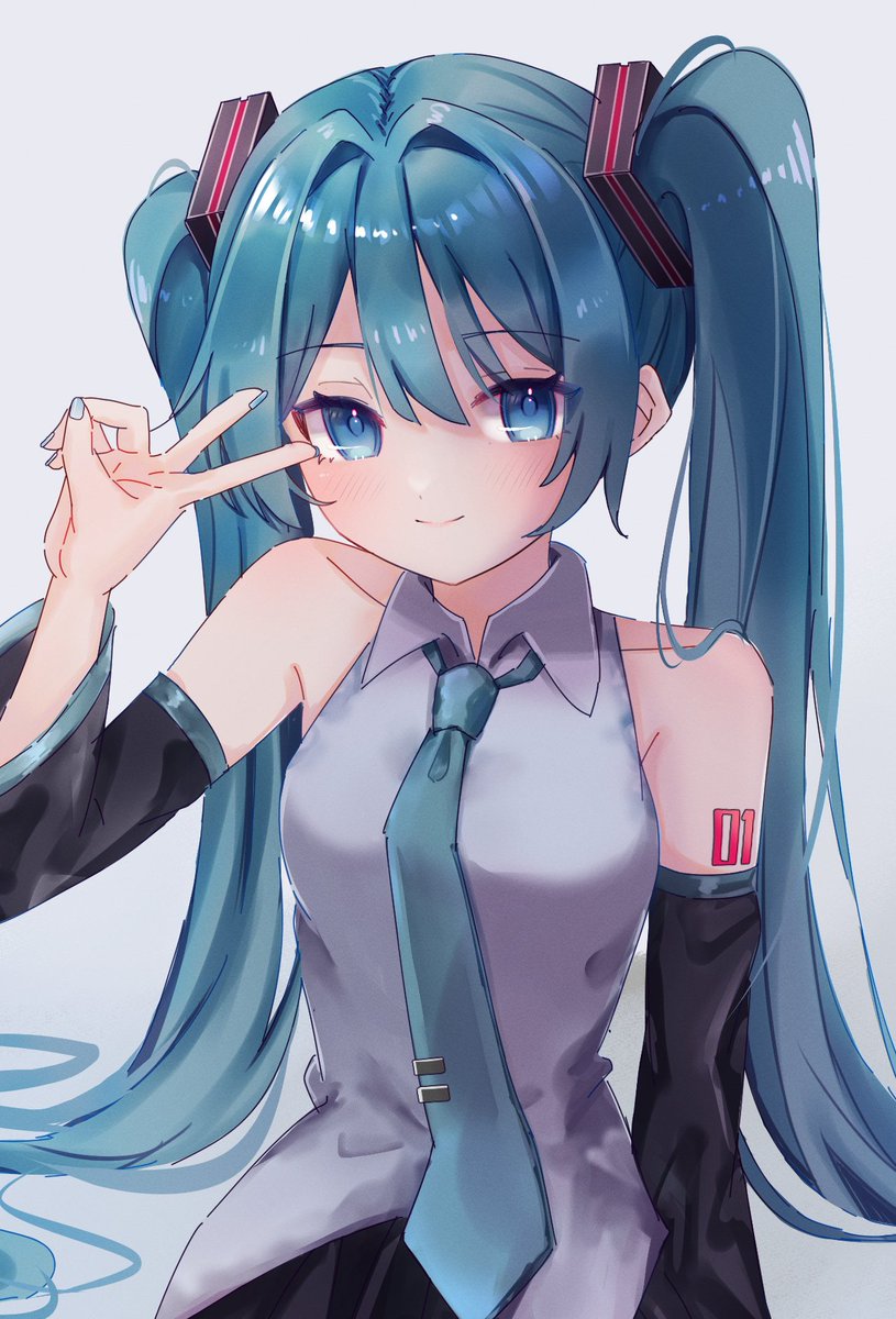 1girl, aqua_eyes, aqua_hair, aqua_nails, aqua_necktie, black_sleeves, blue_eyes, blue_hair