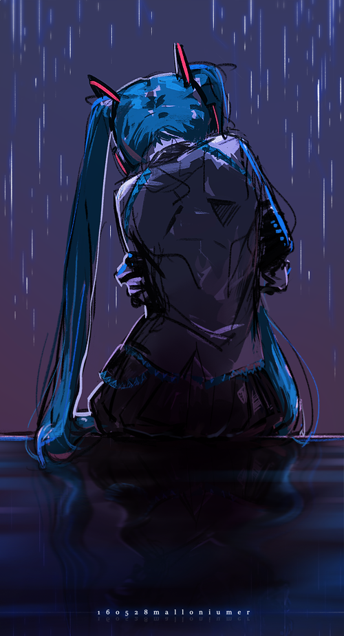 1girl, artist_name, black_skirt, detached_sleeves, from_behind, gradient_background, green_hair, grey_shirt, hair_ornament, hatsune_miku, headphones, long_hair, malloniumer, rain, shirt, sitting, skirt, solo, twintails, upper_body, very_long_hair, vocaloid