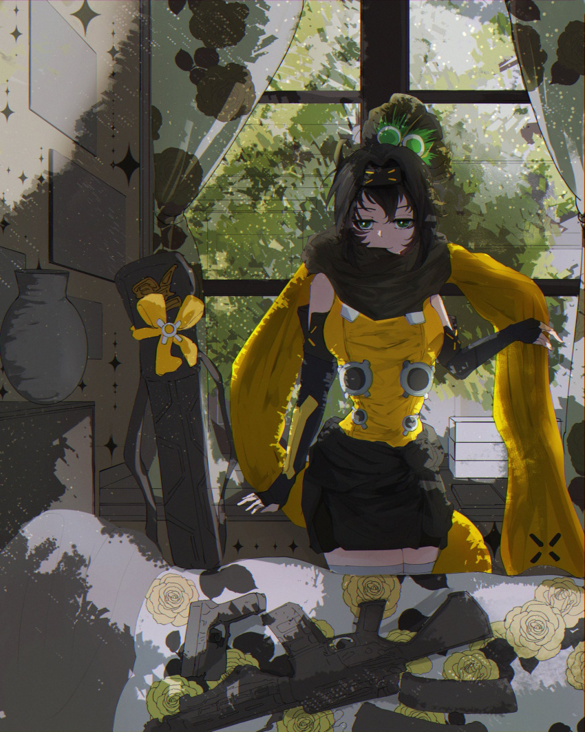 1girl, arm_support, black_scarf, breasts, cocked_eyebrow, colored_tips, curtains, day