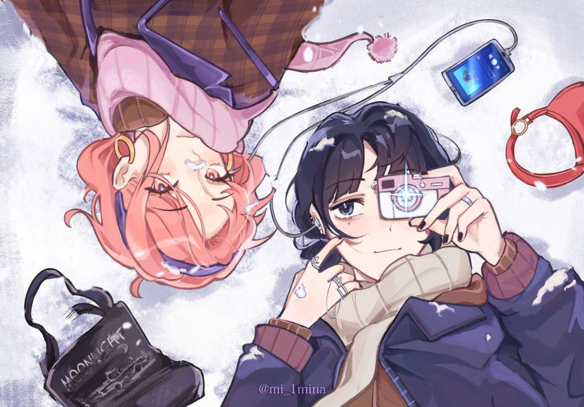 2girls, black_bag, black_hair, blue_coat, brown_coat, brown_scarf, camera, cellphone